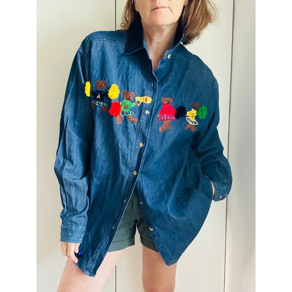 VTG 90s Denim Shirt Dark Wash Cotton Cheerleader Bears Size Large Embroidery - Picture 1 of 8